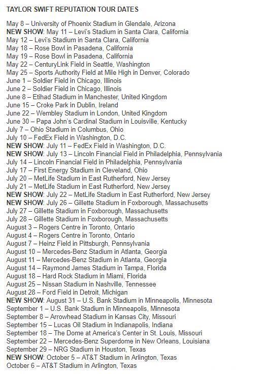 泰勒·斯威夫特晒出巡回演唱会的后台照，来看看都有哪些城市